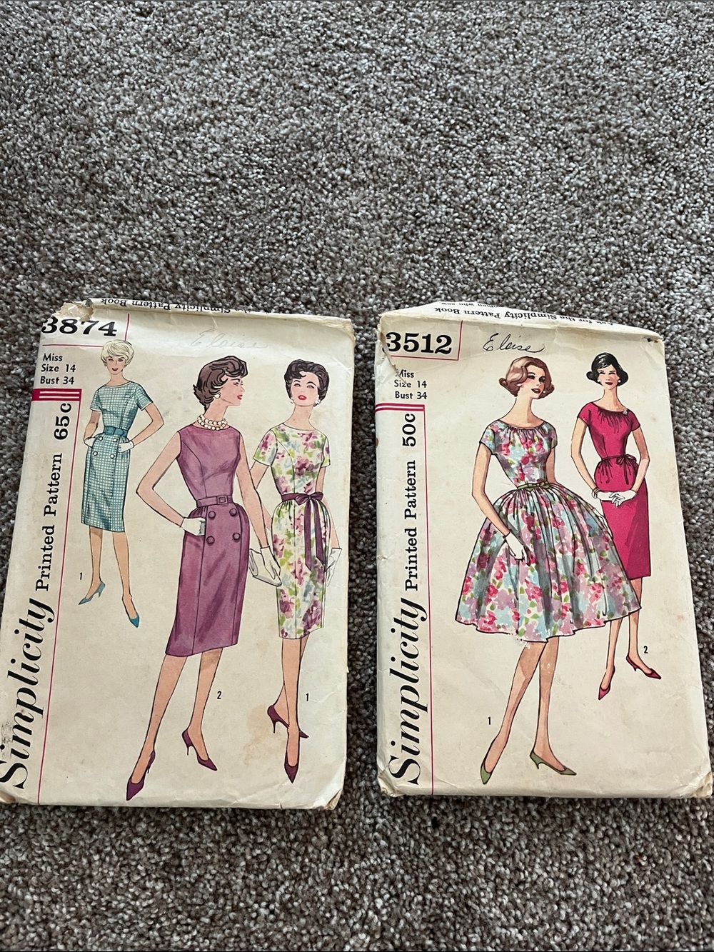 Simplicity Vintage Dress Patterns 3512-3874 Used but have all pieces, instructio